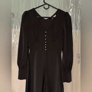 Black Long-Sleeve V-Neck Dress with Pearl Button Detail
